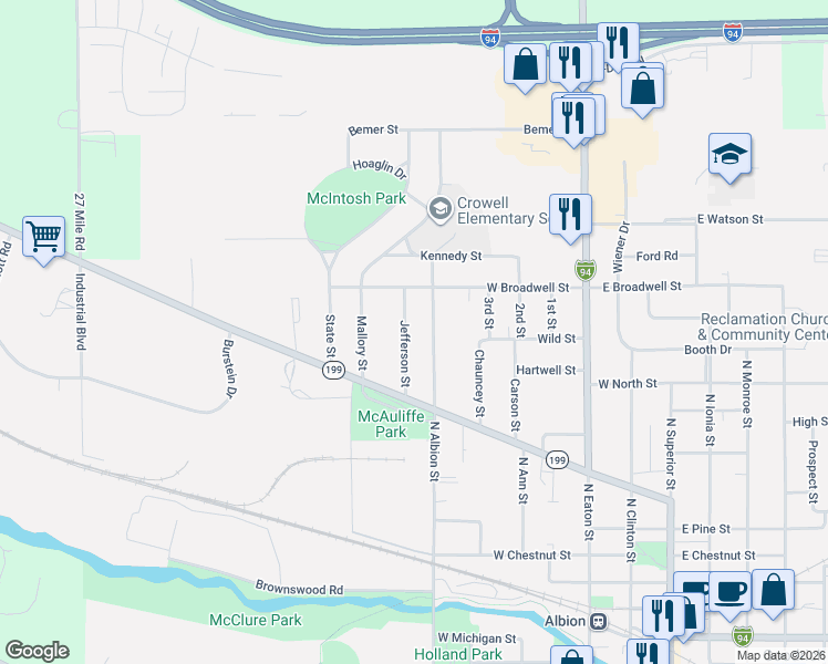 map of restaurants, bars, coffee shops, grocery stores, and more near 1006 Jefferson Street in Albion