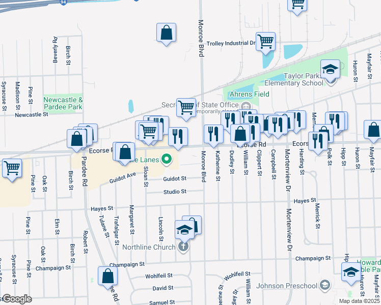 map of restaurants, bars, coffee shops, grocery stores, and more near 22111 Ecorse Road in Taylor