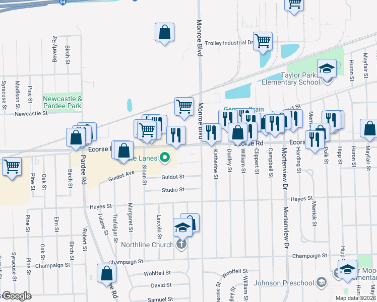 map of restaurants, bars, coffee shops, grocery stores, and more near 22111 Ecorse Road in Taylor