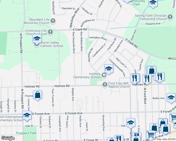 map of restaurants, bars, coffee shops, grocery stores, and more near 1005 Rowley Court in Ypsilanti