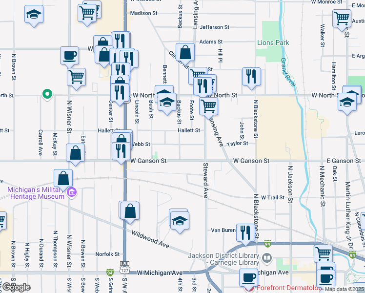 map of restaurants, bars, coffee shops, grocery stores, and more near 603 Backus Street in Jackson