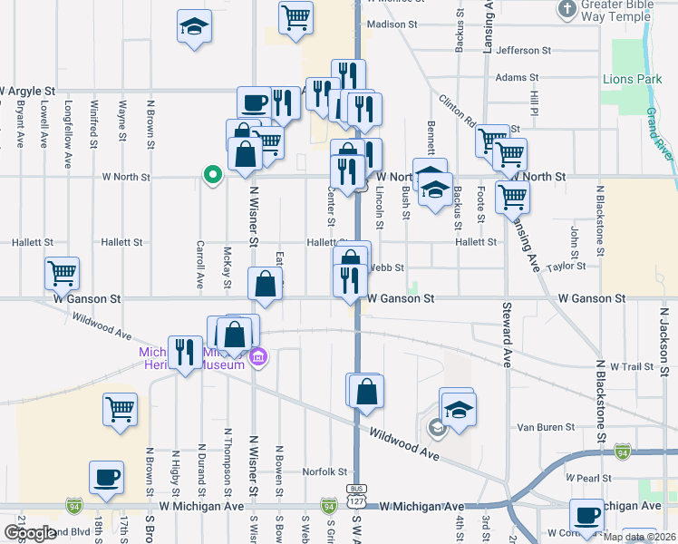 map of restaurants, bars, coffee shops, grocery stores, and more near 808 West Ganson Street in Jackson