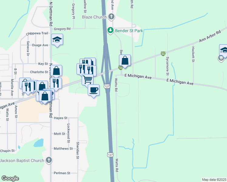 map of restaurants, bars, coffee shops, grocery stores, and more near 204 Watts Road in Jackson