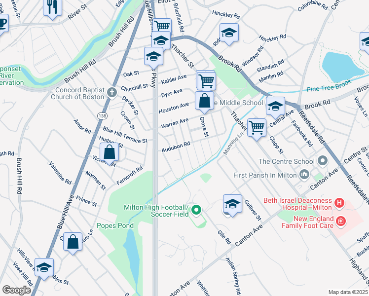 map of restaurants, bars, coffee shops, grocery stores, and more near 69 Harold Street in Milton