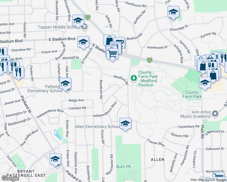 map of restaurants, bars, coffee shops, grocery stores, and more near 2264 Manchester Road in Ann Arbor