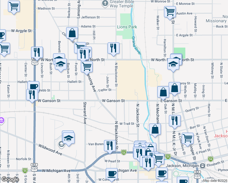 map of restaurants, bars, coffee shops, grocery stores, and more near 308 West Ganson Street in Jackson