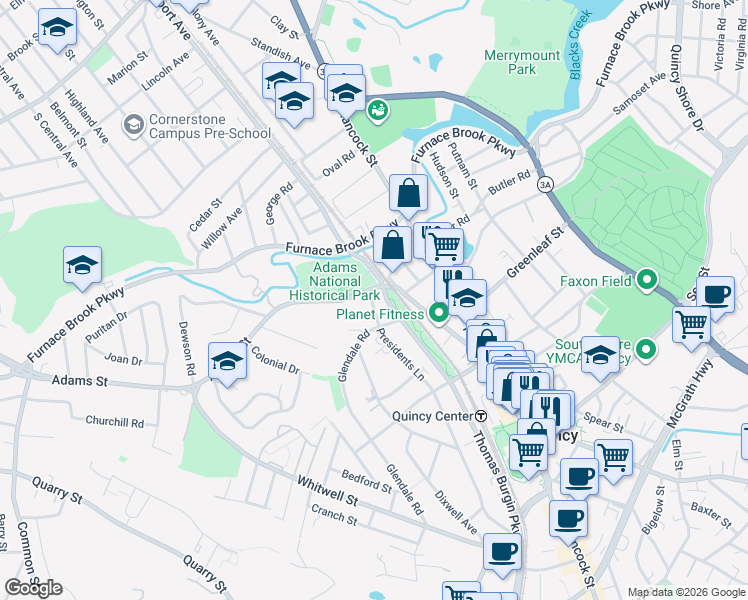 map of restaurants, bars, coffee shops, grocery stores, and more near 5 Glendale Road in Quincy