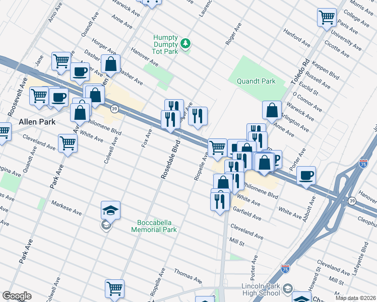 map of restaurants, bars, coffee shops, grocery stores, and more near 2216 Philomene Boulevard in Lincoln Park