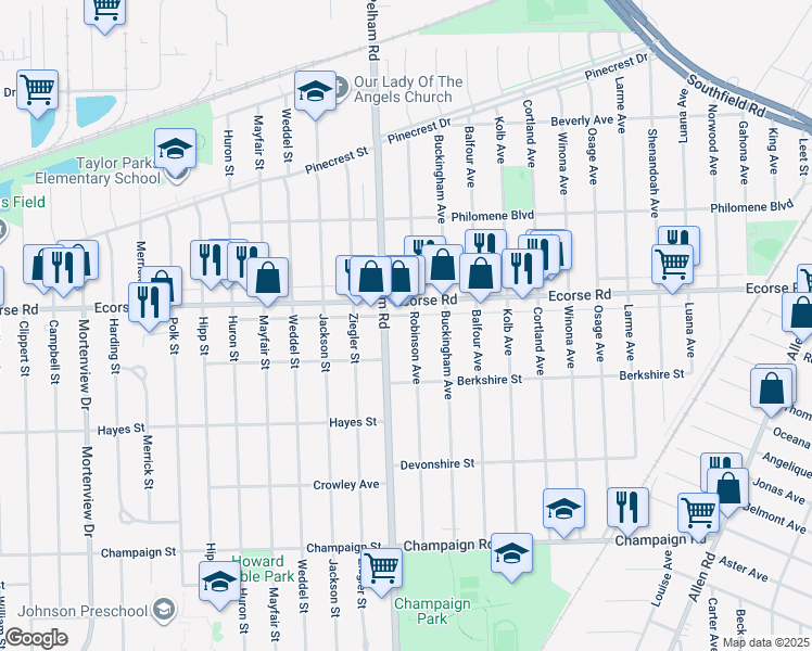 map of restaurants, bars, coffee shops, grocery stores, and more near 190 Robinson Avenue in Allen Park