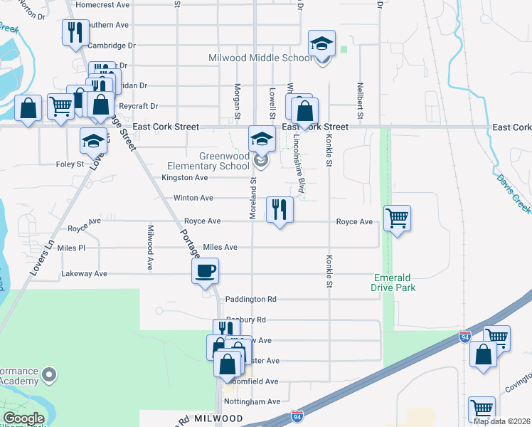 map of restaurants, bars, coffee shops, grocery stores, and more near 1832 Royce Avenue in Kalamazoo