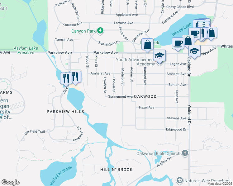 map of restaurants, bars, coffee shops, grocery stores, and more near 3731 Hoover Street in Kalamazoo