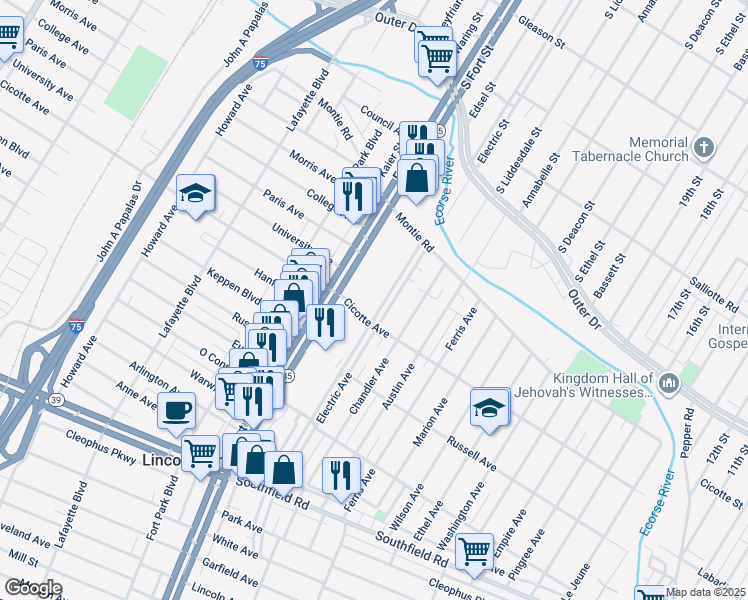 map of restaurants, bars, coffee shops, grocery stores, and more near 1300 Electric Avenue in Lincoln Park