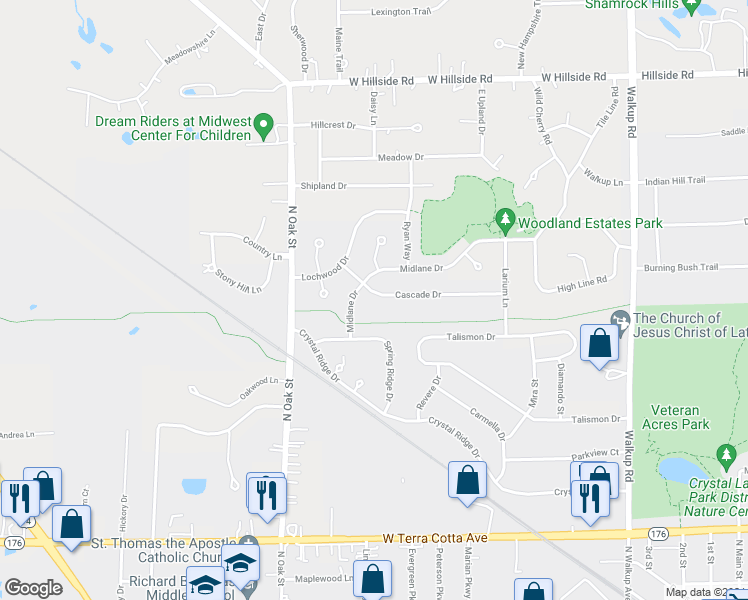 map of restaurants, bars, coffee shops, grocery stores, and more near 303 Cascade Drive in Crystal Lake