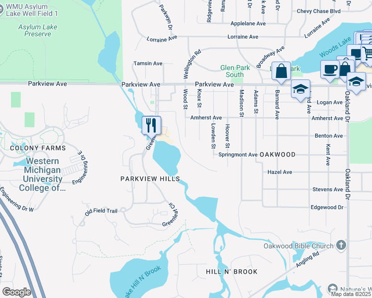 map of restaurants, bars, coffee shops, grocery stores, and more near 3801 Willow Lake Drive in Kalamazoo