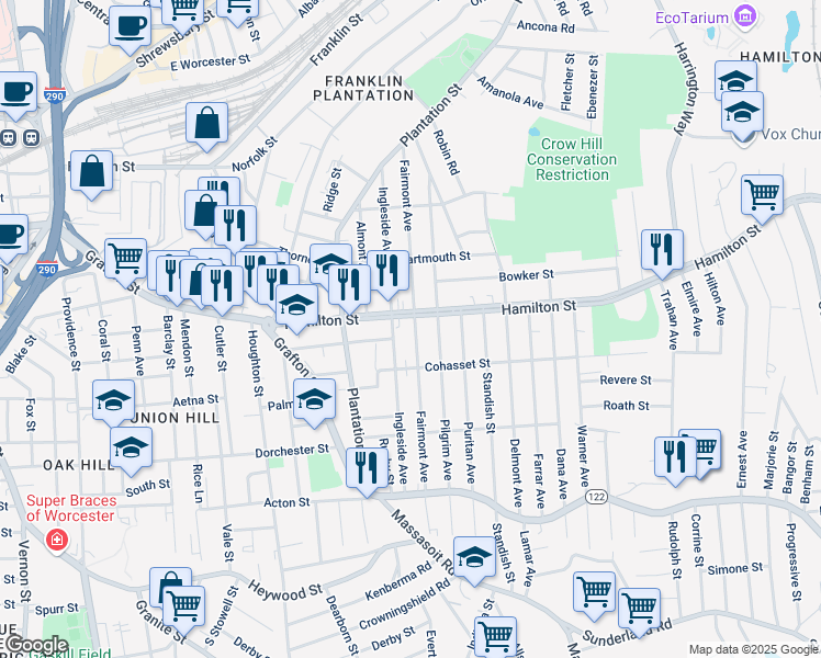 map of restaurants, bars, coffee shops, grocery stores, and more near 126 Fairmont Avenue in Worcester