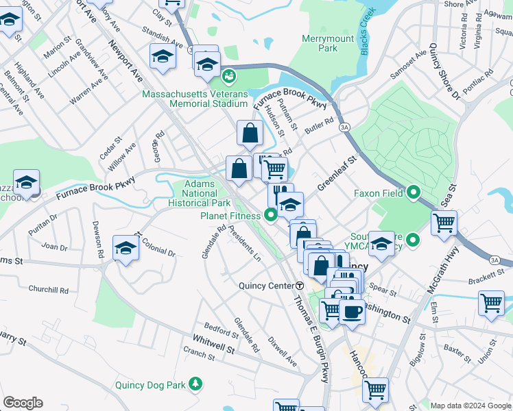 map of restaurants, bars, coffee shops, grocery stores, and more near 40-70 Adams Street in Quincy