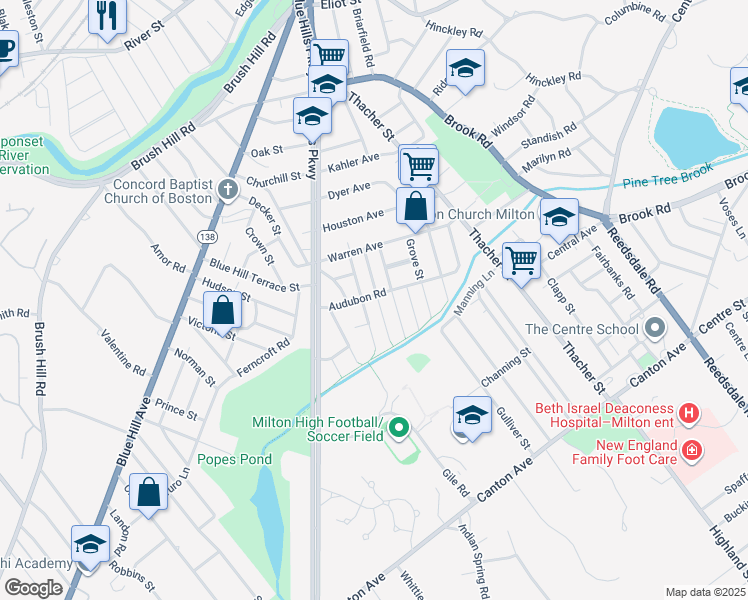map of restaurants, bars, coffee shops, grocery stores, and more near 69 Harold Street in Milton