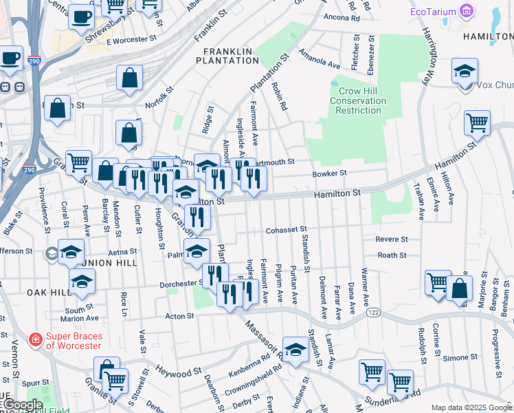 map of restaurants, bars, coffee shops, grocery stores, and more near 146 Fairmont Avenue in Worcester