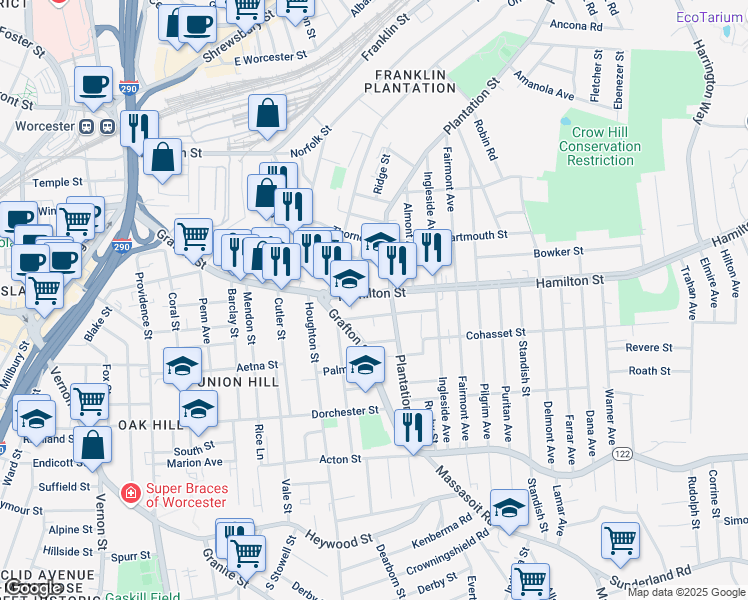 map of restaurants, bars, coffee shops, grocery stores, and more near 15 Caroline Street in Worcester