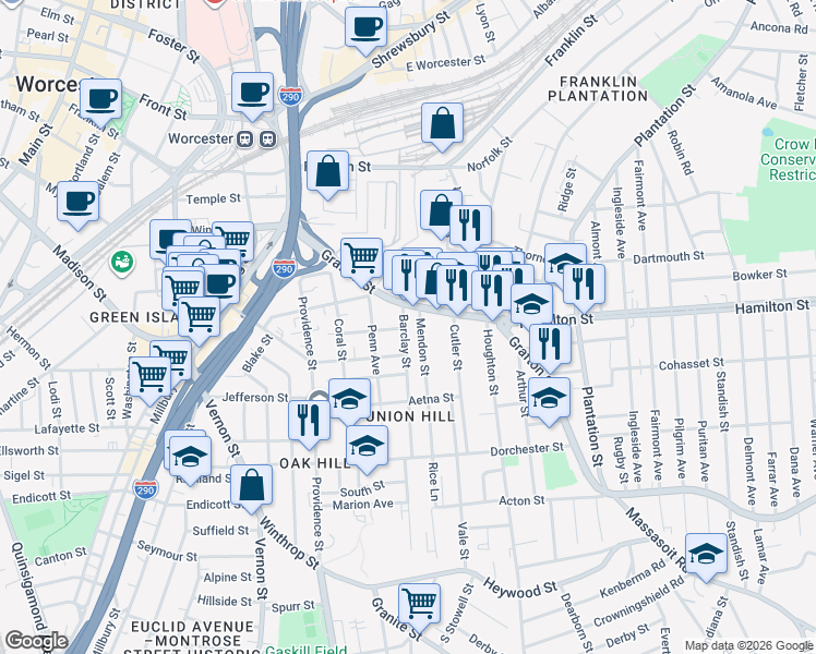 map of restaurants, bars, coffee shops, grocery stores, and more near 14 Mendon Street in Worcester