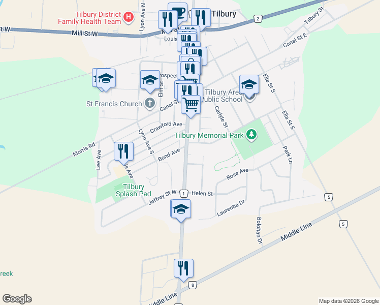 map of restaurants, bars, coffee shops, grocery stores, and more near 635 Queen Street South in Tilbury
