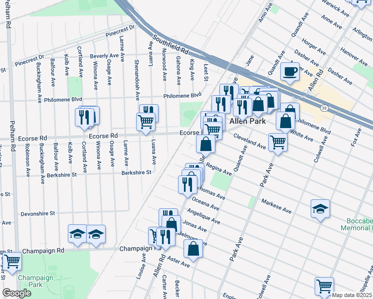 map of restaurants, bars, coffee shops, grocery stores, and more near 16188 Markese Avenue in Allen Park
