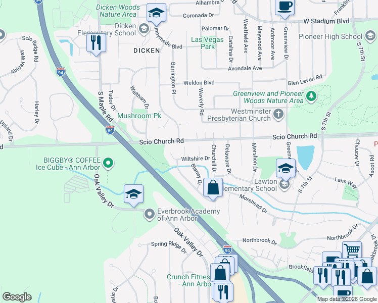map of restaurants, bars, coffee shops, grocery stores, and more near 1975 Wiltshire Drive in Ann Arbor