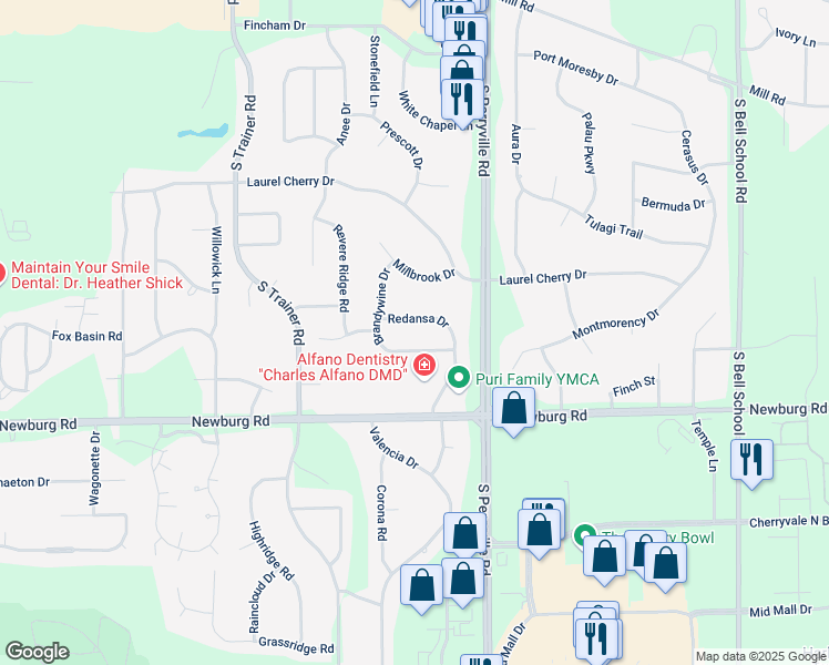 map of restaurants, bars, coffee shops, grocery stores, and more near 1421 Brandywine Drive in Rockford