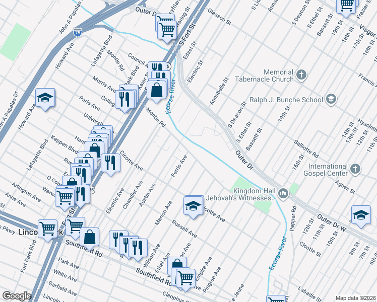 map of restaurants, bars, coffee shops, grocery stores, and more near 1233 Ferris Avenue in Lincoln Park