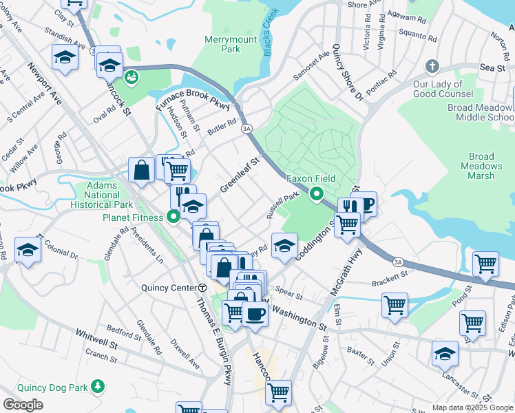 map of restaurants, bars, coffee shops, grocery stores, and more near 31 Edgemere Road in Quincy