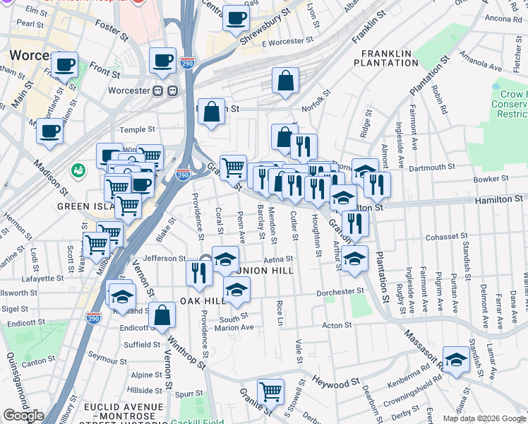 map of restaurants, bars, coffee shops, grocery stores, and more near 14 Mendon Street in Worcester