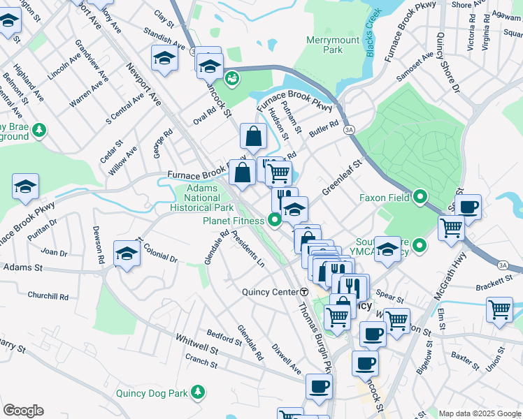 map of restaurants, bars, coffee shops, grocery stores, and more near 40-70 Adams Street in Quincy