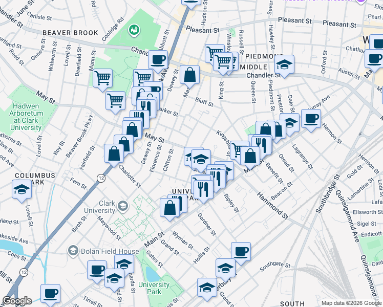 map of restaurants, bars, coffee shops, grocery stores, and more near 18 Claremont Street in Worcester