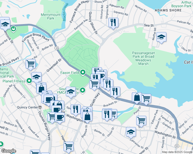 map of restaurants, bars, coffee shops, grocery stores, and more near in Quincy