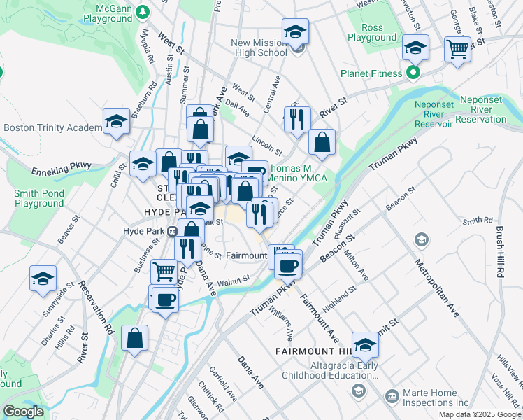 map of restaurants, bars, coffee shops, grocery stores, and more near 14 Davison Street in Boston