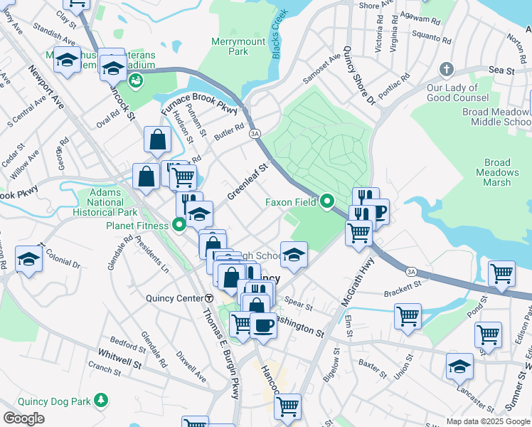 map of restaurants, bars, coffee shops, grocery stores, and more near 31 Edgemere Road in Quincy