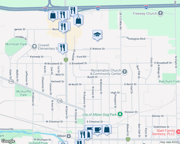 map of restaurants, bars, coffee shops, grocery stores, and more near 301 Miller Drive in Albion