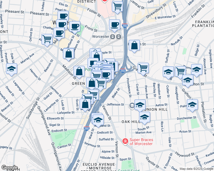 map of restaurants, bars, coffee shops, grocery stores, and more near 96 Massachusetts 122 in Worcester