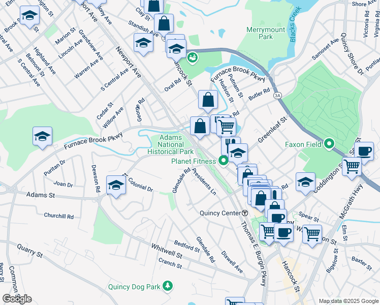 map of restaurants, bars, coffee shops, grocery stores, and more near 43 Bridge Street in Quincy