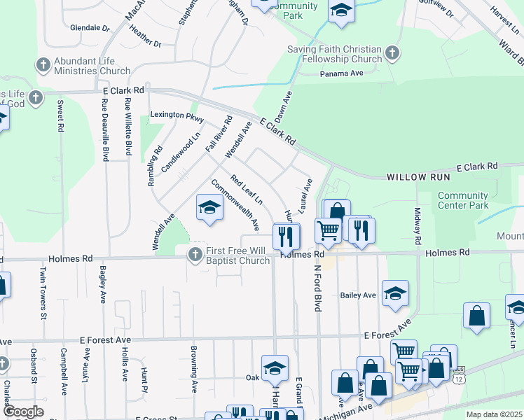 map of restaurants, bars, coffee shops, grocery stores, and more near 1117 Redleaf Lane in Ypsilanti