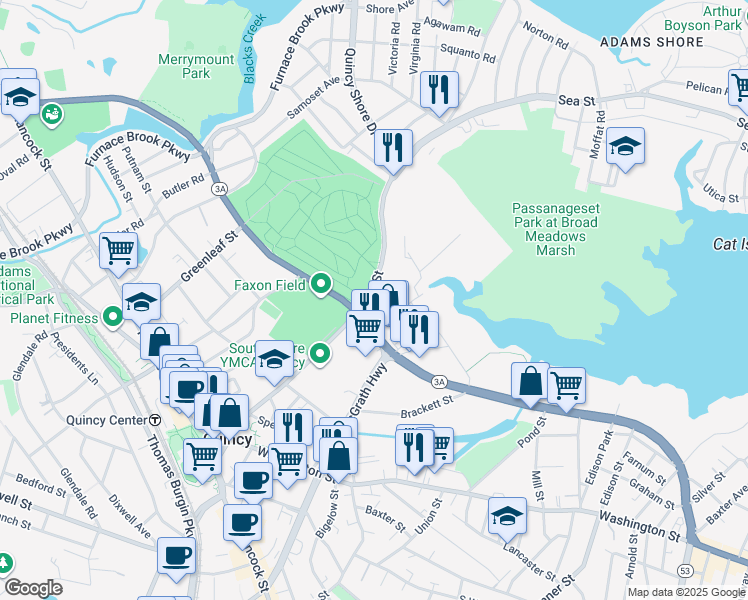 map of restaurants, bars, coffee shops, grocery stores, and more near in Quincy