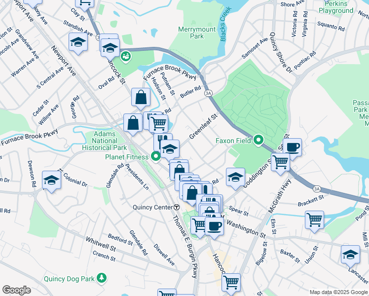 map of restaurants, bars, coffee shops, grocery stores, and more near 23 Merrymount Road in Quincy