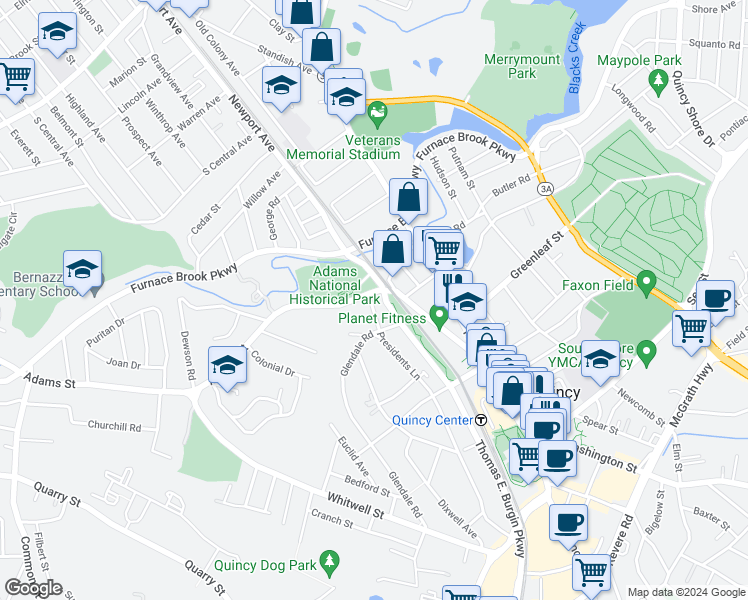 map of restaurants, bars, coffee shops, grocery stores, and more near 43 Bridge Street in Quincy