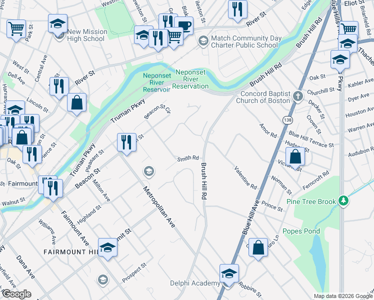 map of restaurants, bars, coffee shops, grocery stores, and more near 75 Smith Road in Milton