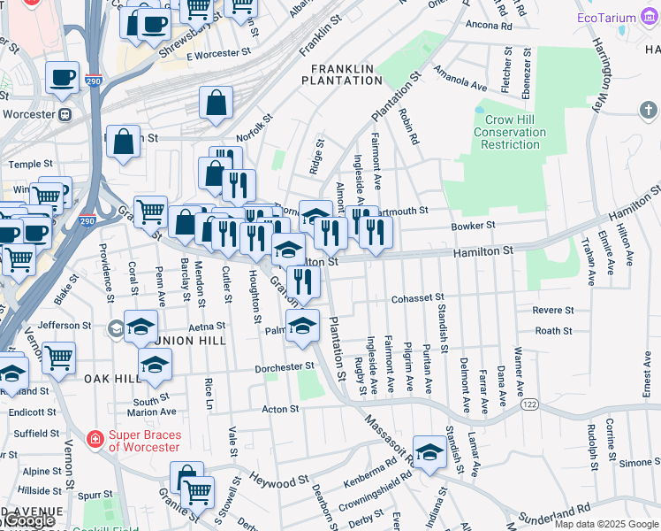 map of restaurants, bars, coffee shops, grocery stores, and more near 81 Plantation Street in Worcester