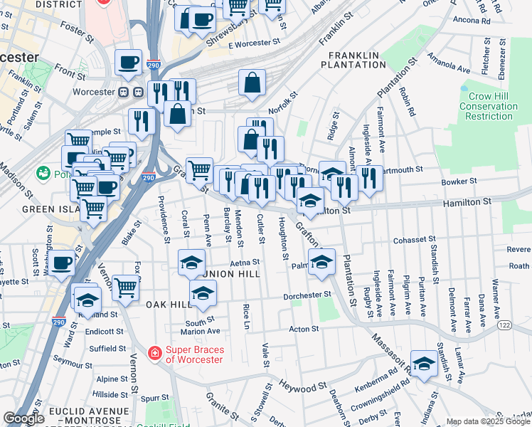 map of restaurants, bars, coffee shops, grocery stores, and more near in Worcester