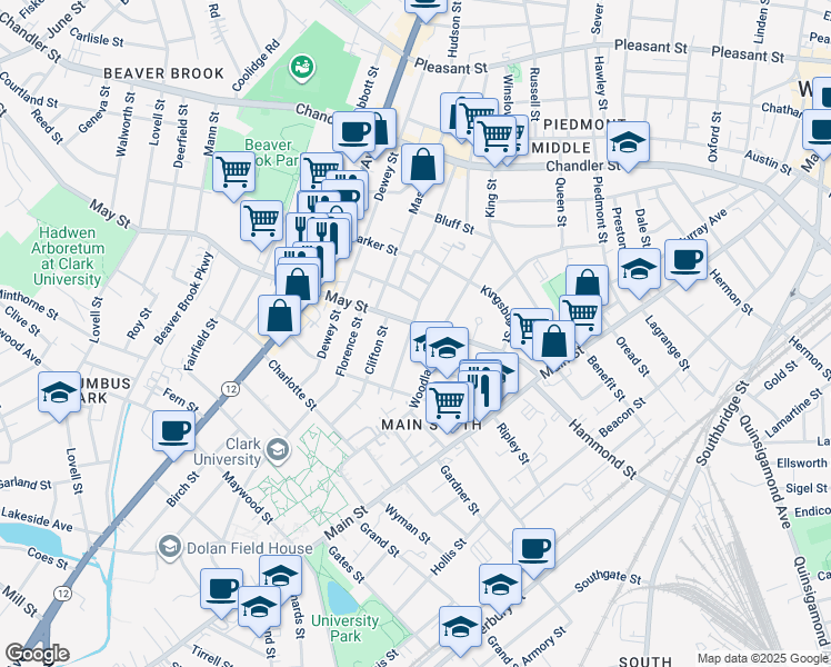 map of restaurants, bars, coffee shops, grocery stores, and more near 31 Hollywood Street in Worcester