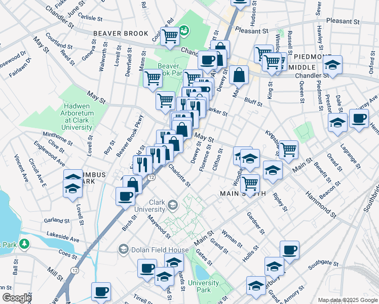 map of restaurants, bars, coffee shops, grocery stores, and more near 417 Park Avenue in Worcester