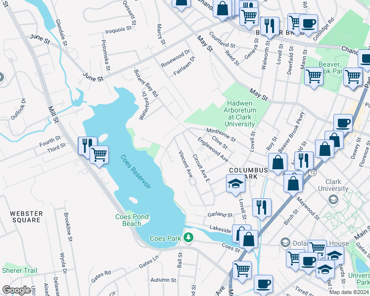 map of restaurants, bars, coffee shops, grocery stores, and more near 47 Circuit Avenue North in Worcester