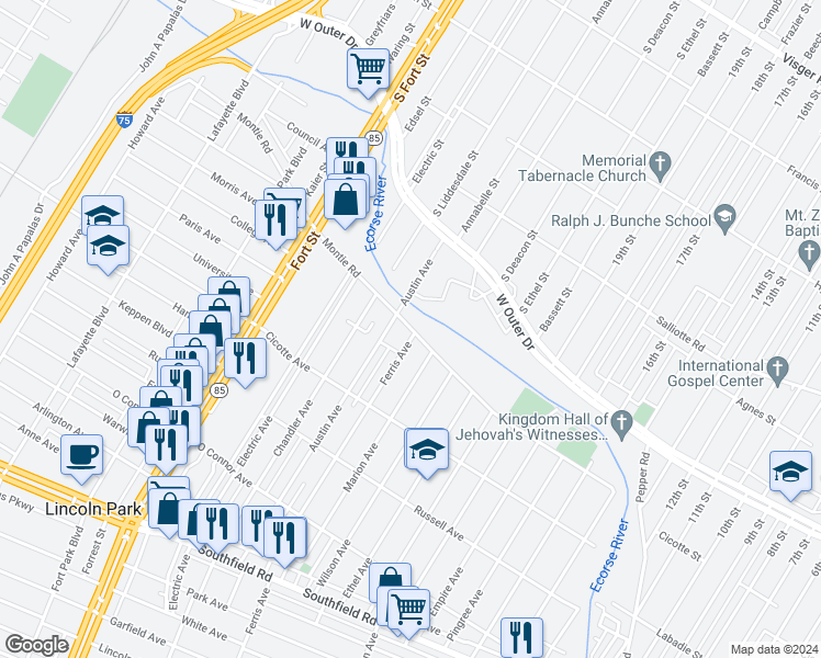 map of restaurants, bars, coffee shops, grocery stores, and more near 1028 Montie Road in Lincoln Park